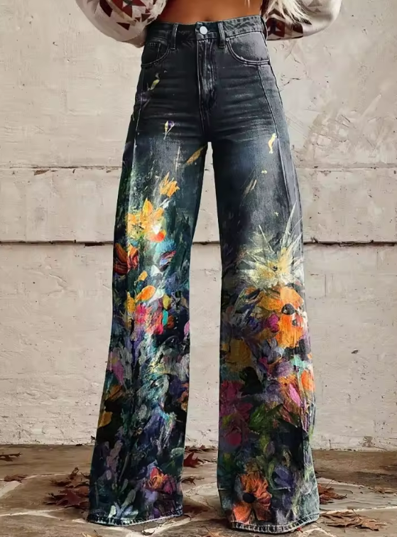 Vintage Boho Damen Stoffhose mit abstraktem Print
