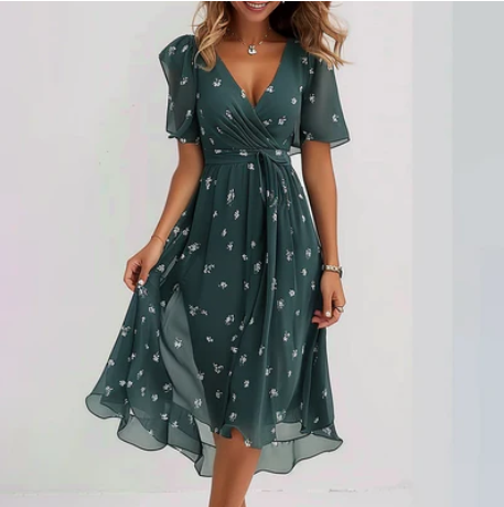 Elegantes Blumen Wickel-Midikleid Damen Sommerkleid mit V-Ausschnitt