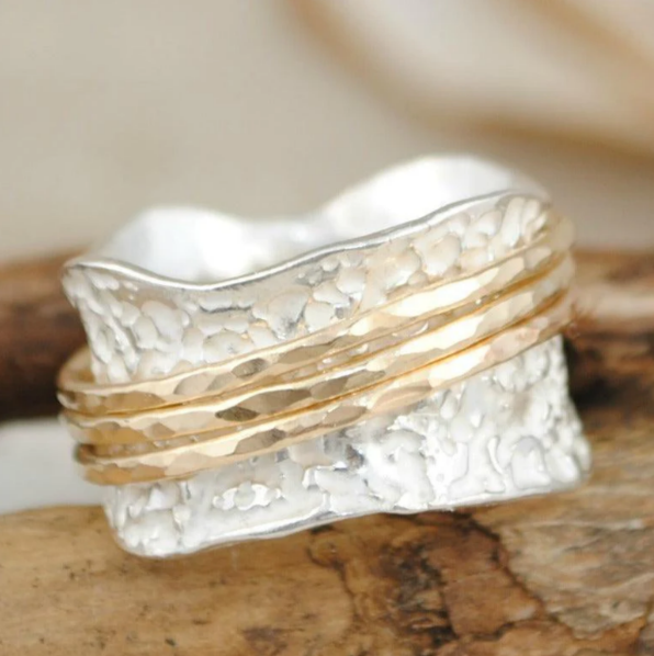 Drehbarer Damen Ring Vintage Doppelschichtig Gold Silber