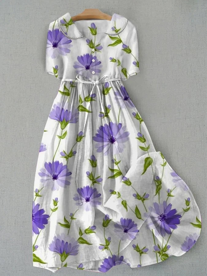 Retro Blumen Damen Kleid mit Schnürung und Halbarm