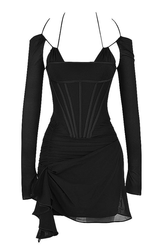 Schwarzes Minikleid aus echter Seide mit Korsett für Damen