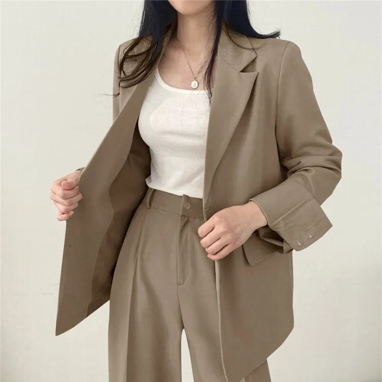 Einfarbiges Blazer- und Gerade geschnittenes Hose-Set für Damen