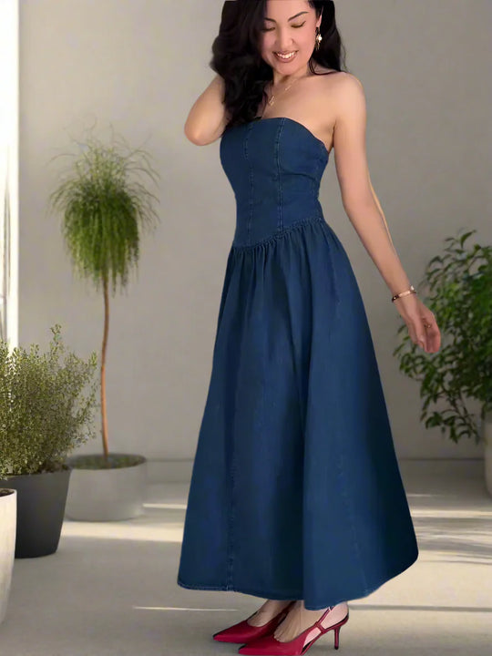 Trägerloses Elegantes Damen Jeanskleid Midi Slim Fit Vintage