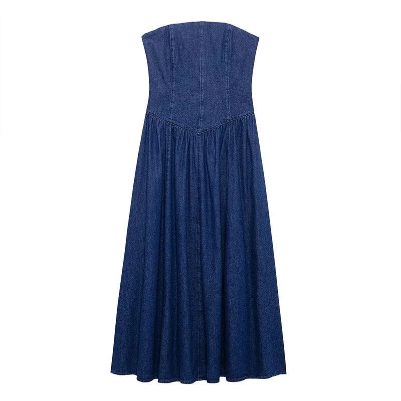 Trägerloses Elegantes Damen Jeanskleid Midi Slim Fit Vintage