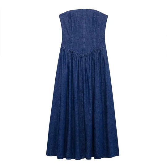 Trägerloses Elegantes Damen Jeanskleid Midi Slim Fit Vintage
