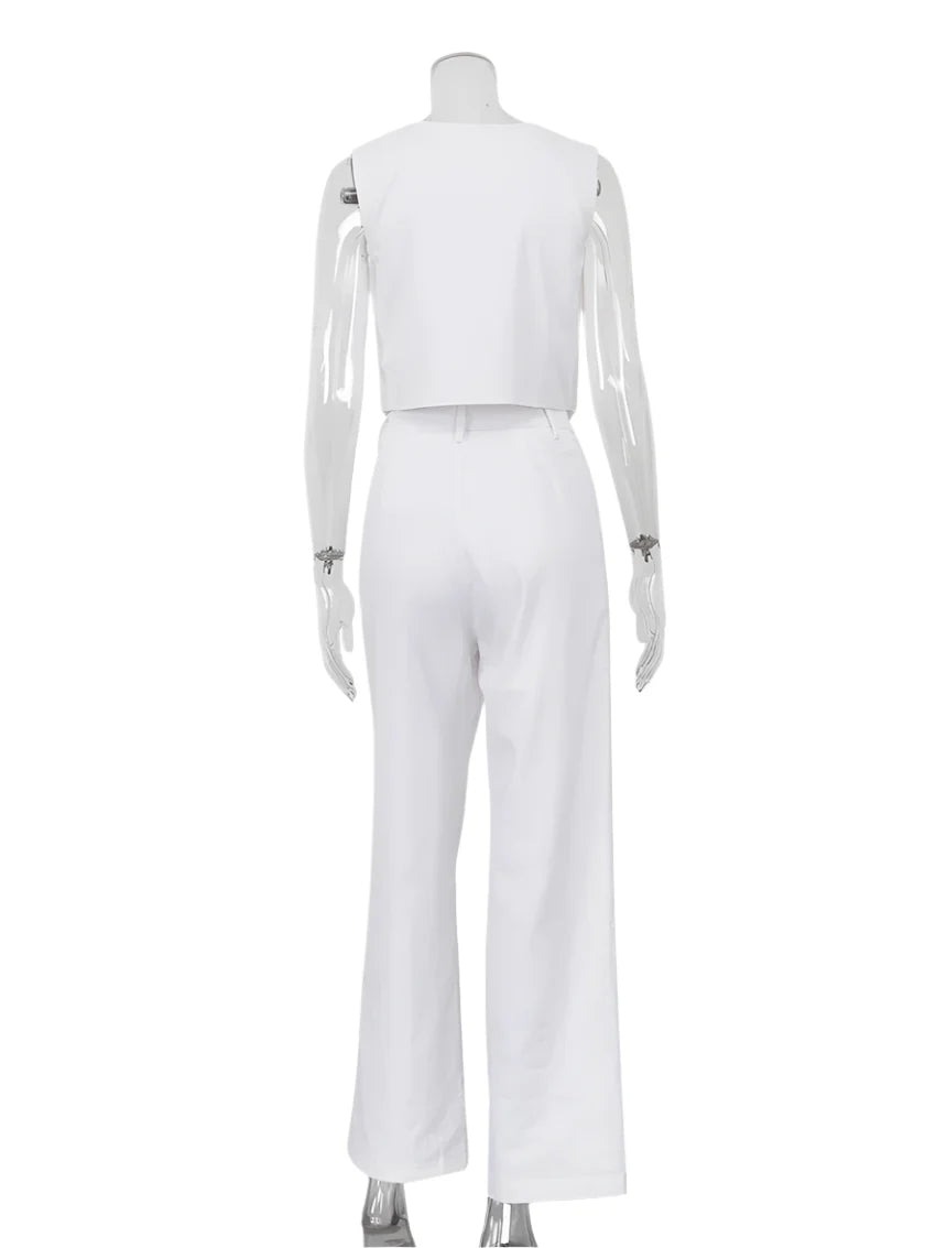 Elegantes Damen Zweiteiler Set Business Casual Ärmellos mit Weitem Bein