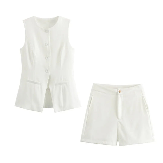 Elegantes Damen Zweiteiler-Set Vintage Kurzarm Knopfleiste