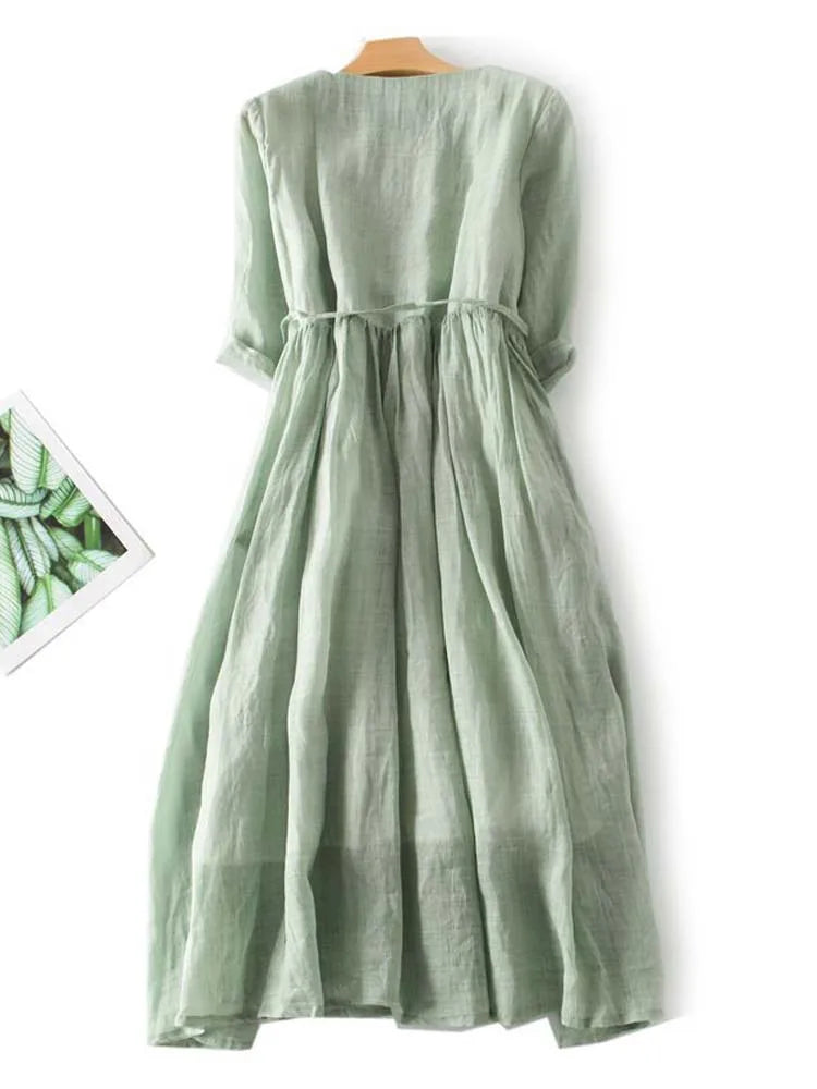Retro Damen Kleid mit Rundhals und Taillenband