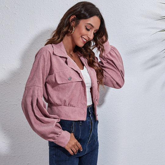 Rosafarbene Cropped Cordjacke für Damen