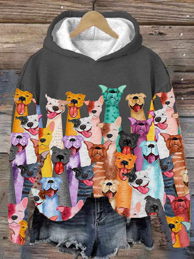 Farbenfroher Hundedruck-Kapuzenpullover für Damen