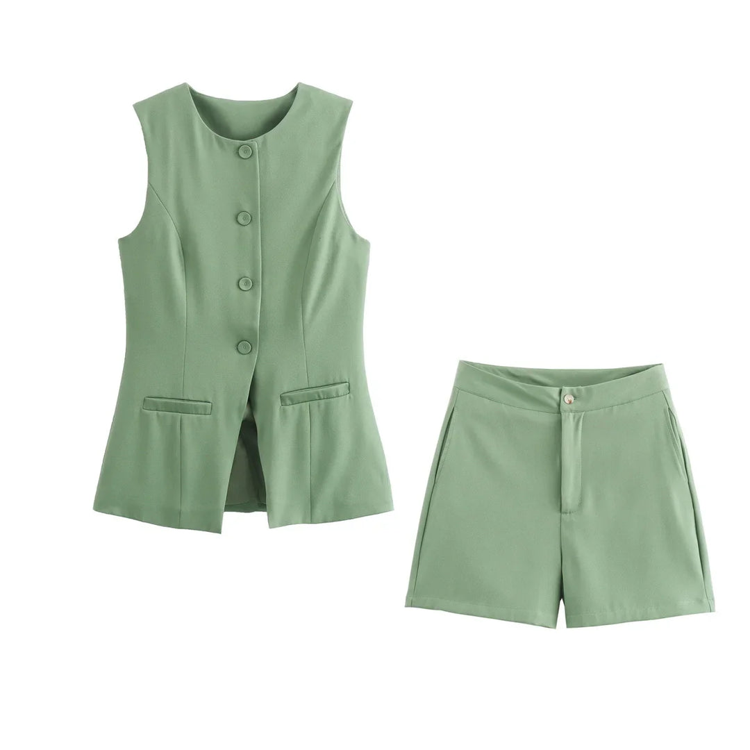 Elegantes Damen Zweiteiler-Set Vintage Kurzarm Knopfleiste