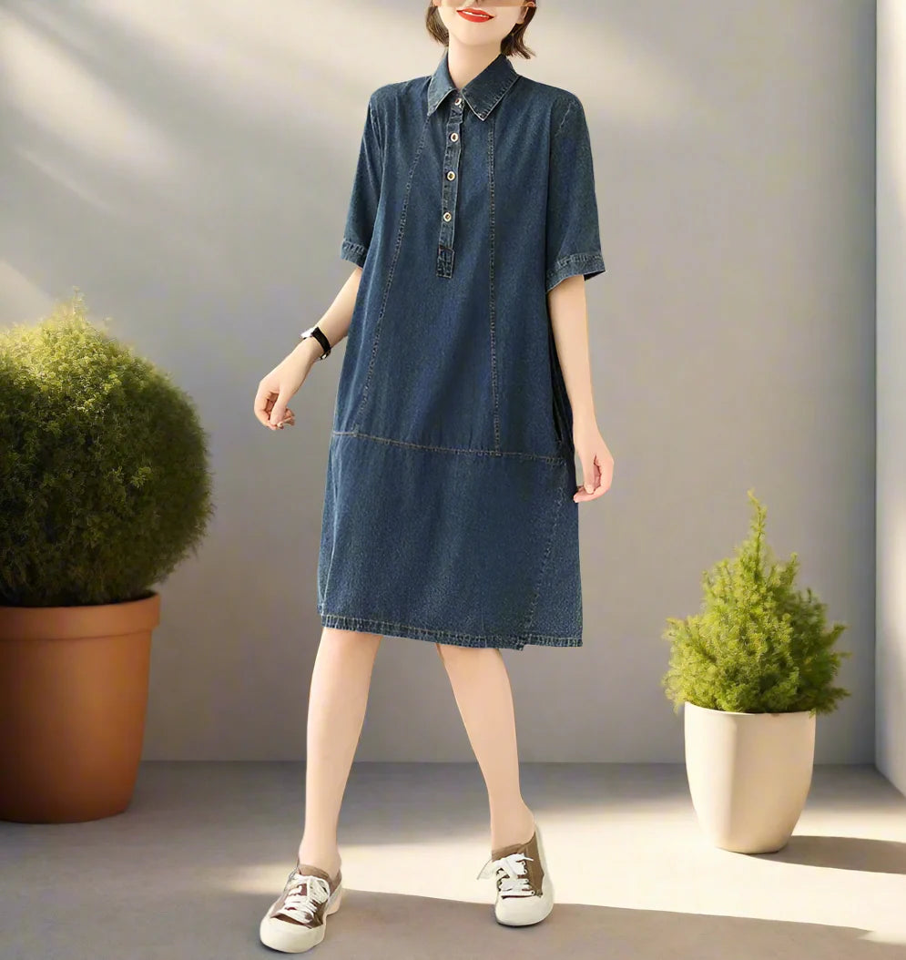 Lässiges Vintage Damen Jeanskleid Knielang Halber Arm