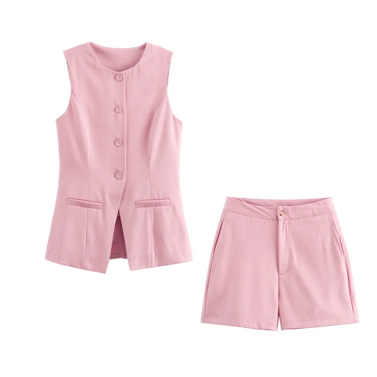 Elegantes Damen Zweiteiler-Set Vintage Kurzarm Knopfleiste