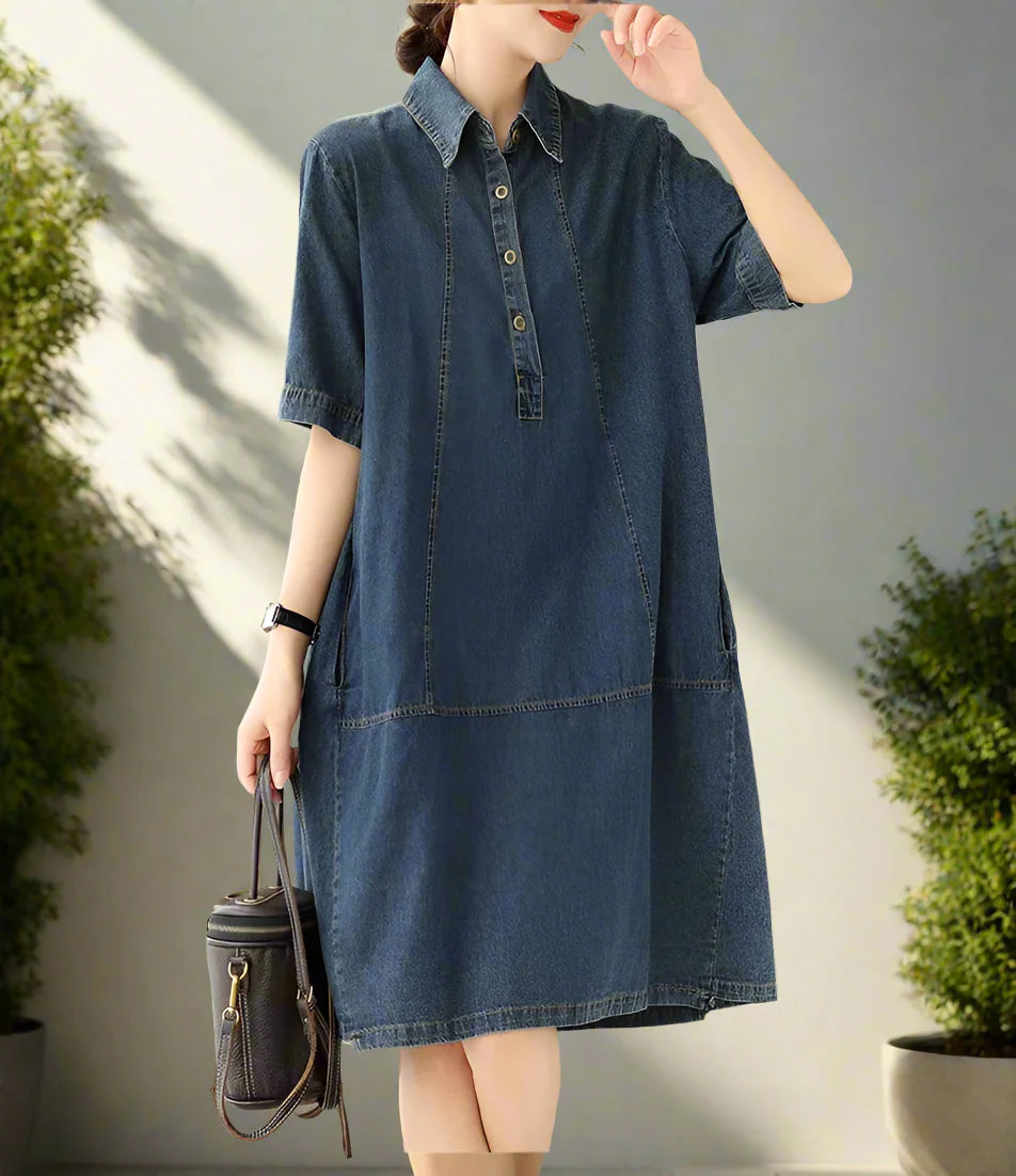 Lässiges Vintage Damen Jeanskleid Knielang Halber Arm