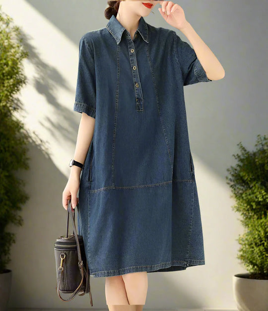 Lässiges Vintage Damen Jeanskleid Knielang Halber Arm