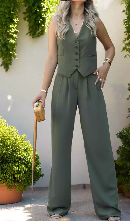 Elegantes Damen Hosenanzug Set mit V-Ausschnitt und weitem Bein