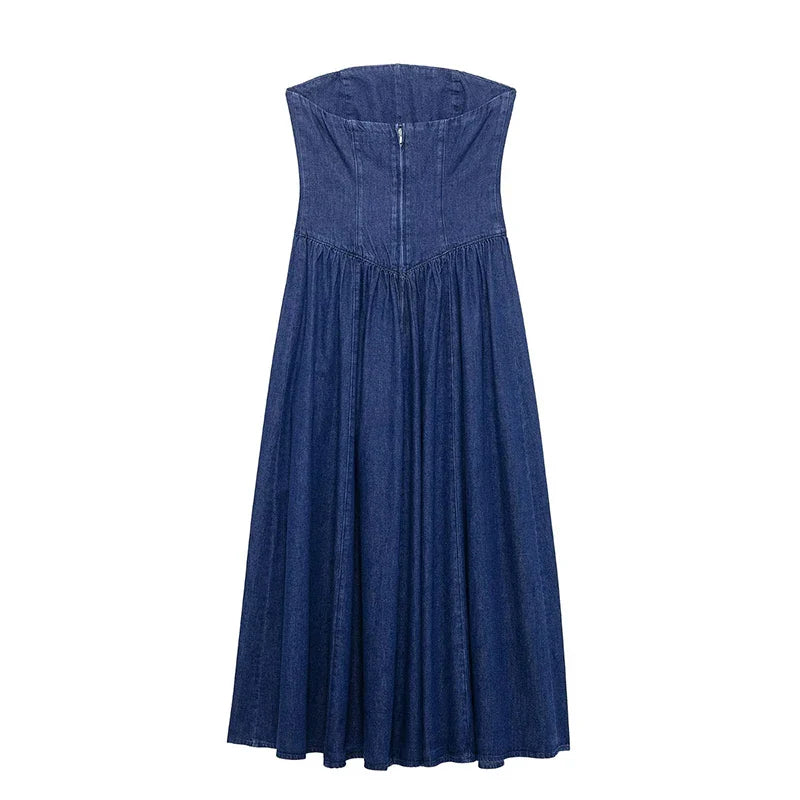 Trägerloses Elegantes Damen Jeanskleid Midi Slim Fit Vintage