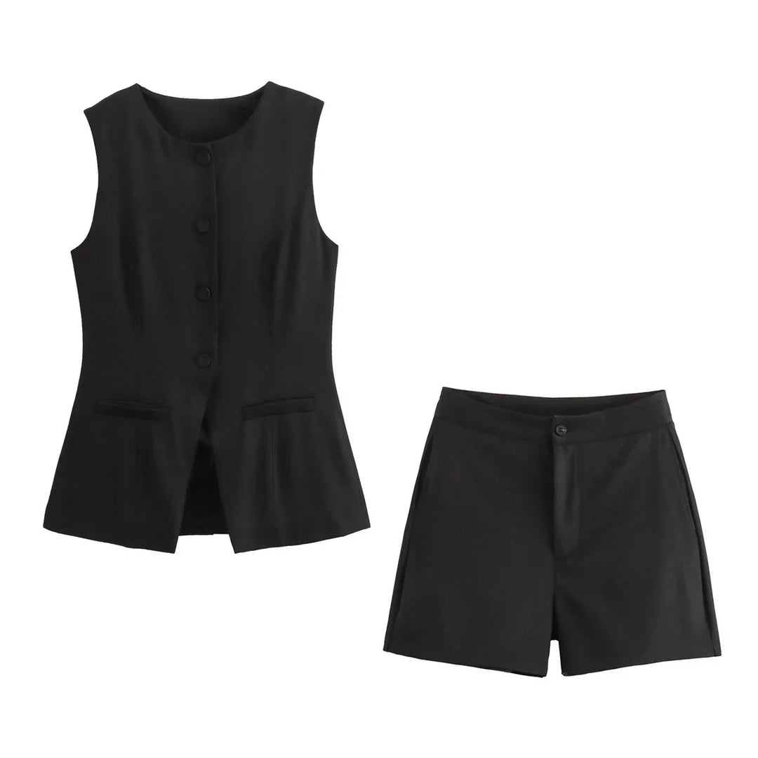 Elegantes Damen Zweiteiler-Set Vintage Kurzarm Knopfleiste