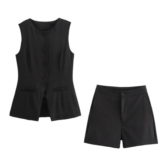 Elegantes Damen Zweiteiler-Set Vintage Kurzarm Knopfleiste