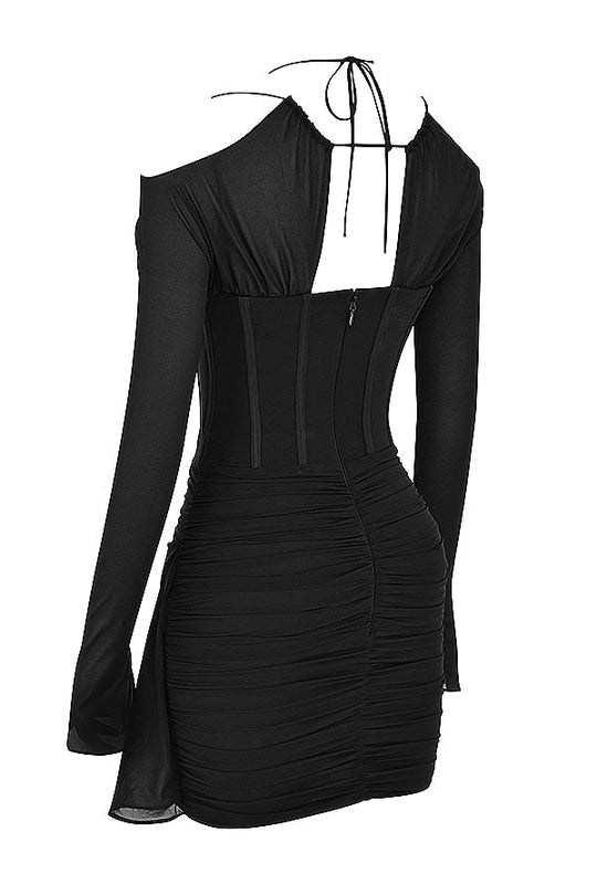 Schwarzes Minikleid aus echter Seide mit Korsett für Damen